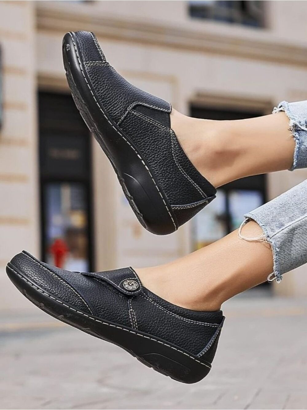 Geoeleph women's black pebbled leather casual slip-on loafers - Picture 2 of 9
